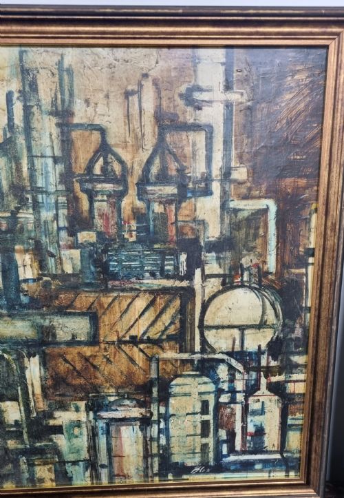 1950S OIL ON BOARD PAINTING INDUSTRIAL CONSTRUCTIVIST FACTORY SCENE SIGNED - ADDITIONAL PHOTO 5