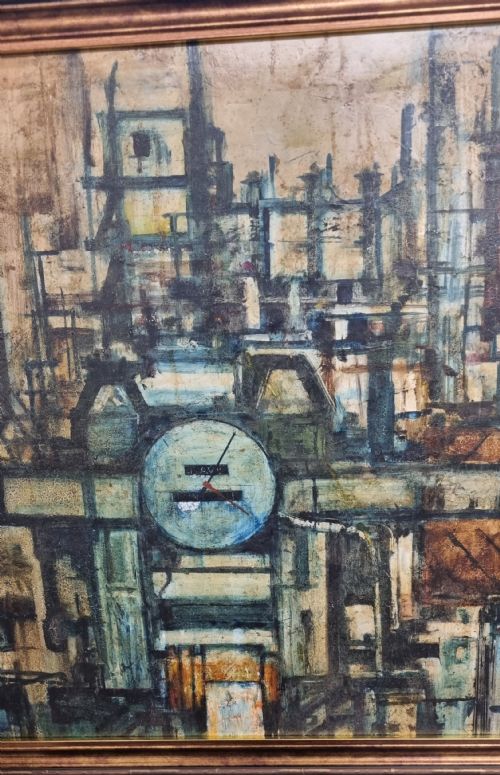 1950S OIL ON BOARD PAINTING INDUSTRIAL CONSTRUCTIVIST FACTORY SCENE SIGNED - ADDITIONAL PHOTO 6