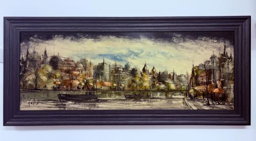20TH CENTURY PANORAMIC OIL PAINTING ON CANVAS PARISIAN RIVER SEINE BY RON FOLLAND - ADDITIONAL PHOTO 2