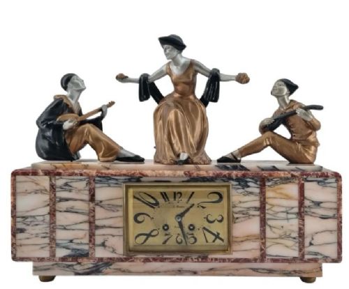 ART DECO FIGURAL MANTEL CLOCK PIERROT AND COLUMBINE BY SEGA