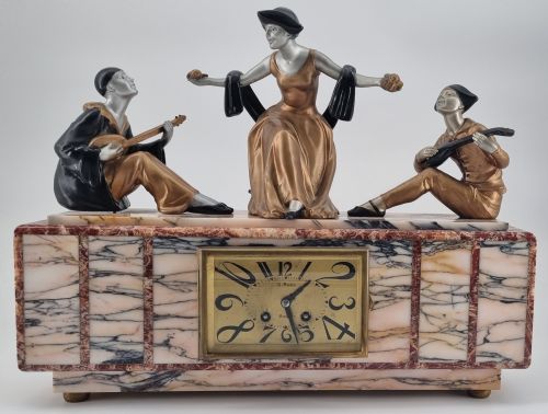 ART DECO FIGURAL MANTEL CLOCK PIERROT AND COLUMBINE BY SEGA - ADDITIONAL PHOTO 1