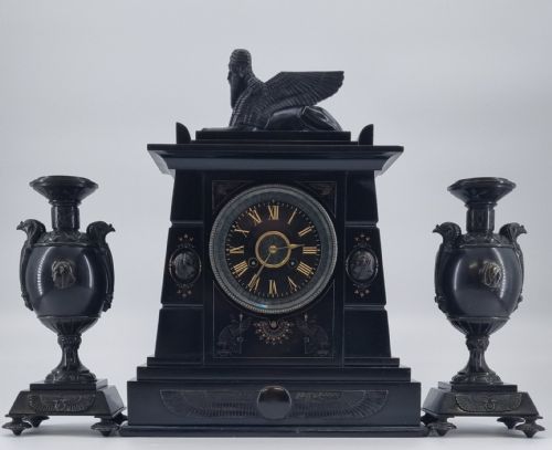 19TH CENTURY EGYPTIAN REVIVAL MANTEL CLOCK WITH PAIR OF GARNITURES CIRCA 1860