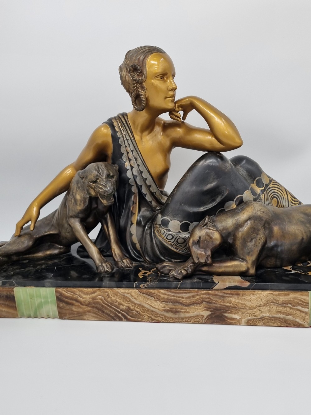 Art Deco Sculpture Nude Lady with Two Panthers by Godard  View II