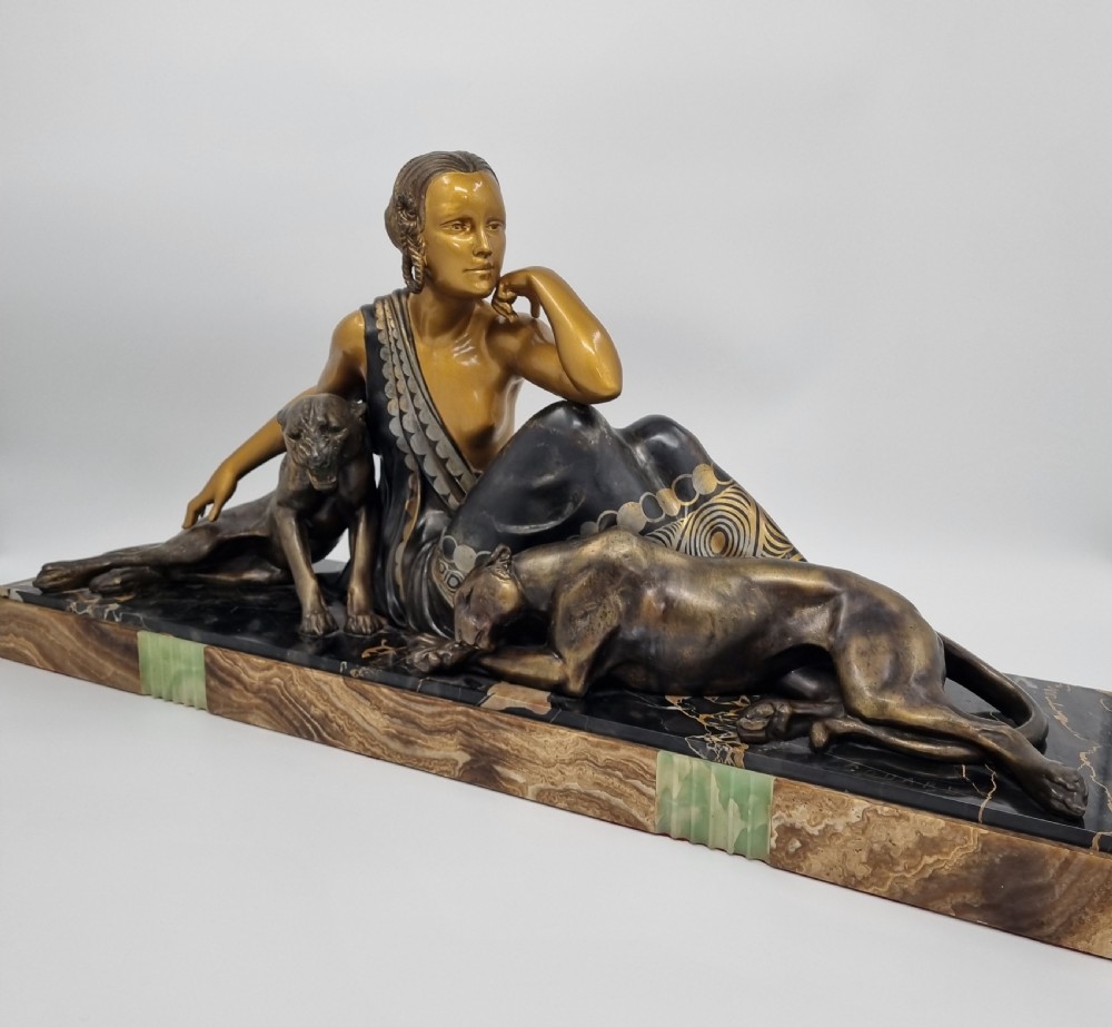 Art Deco Sculpture Nude Lady with Two Panthers by Godard  View III