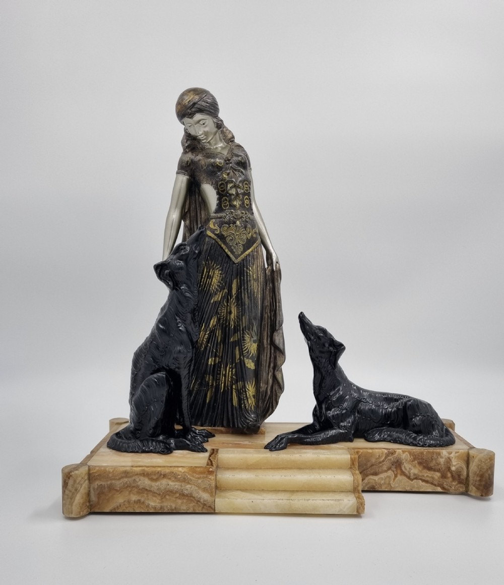 Art Deco Sculpture Lady and Borzoi by Van de Voorde 