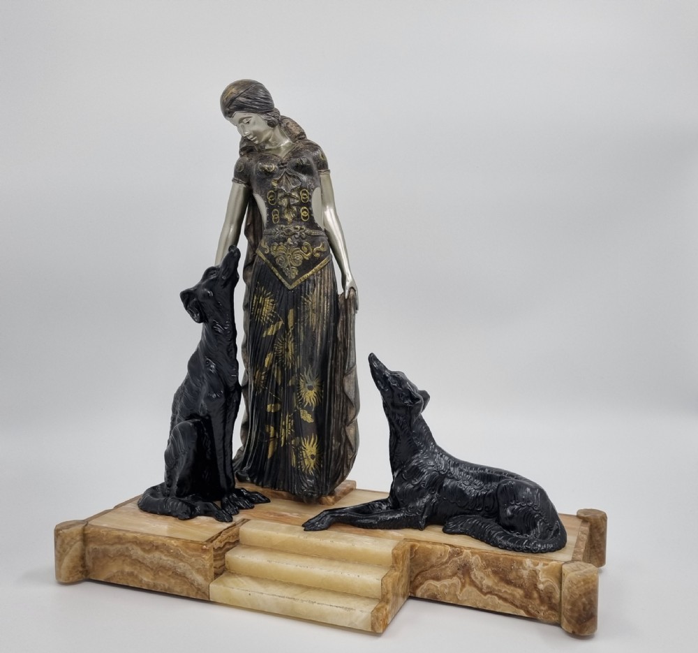 Art Deco Sculpture Lady and Borzoi by Van de Voorde  View II