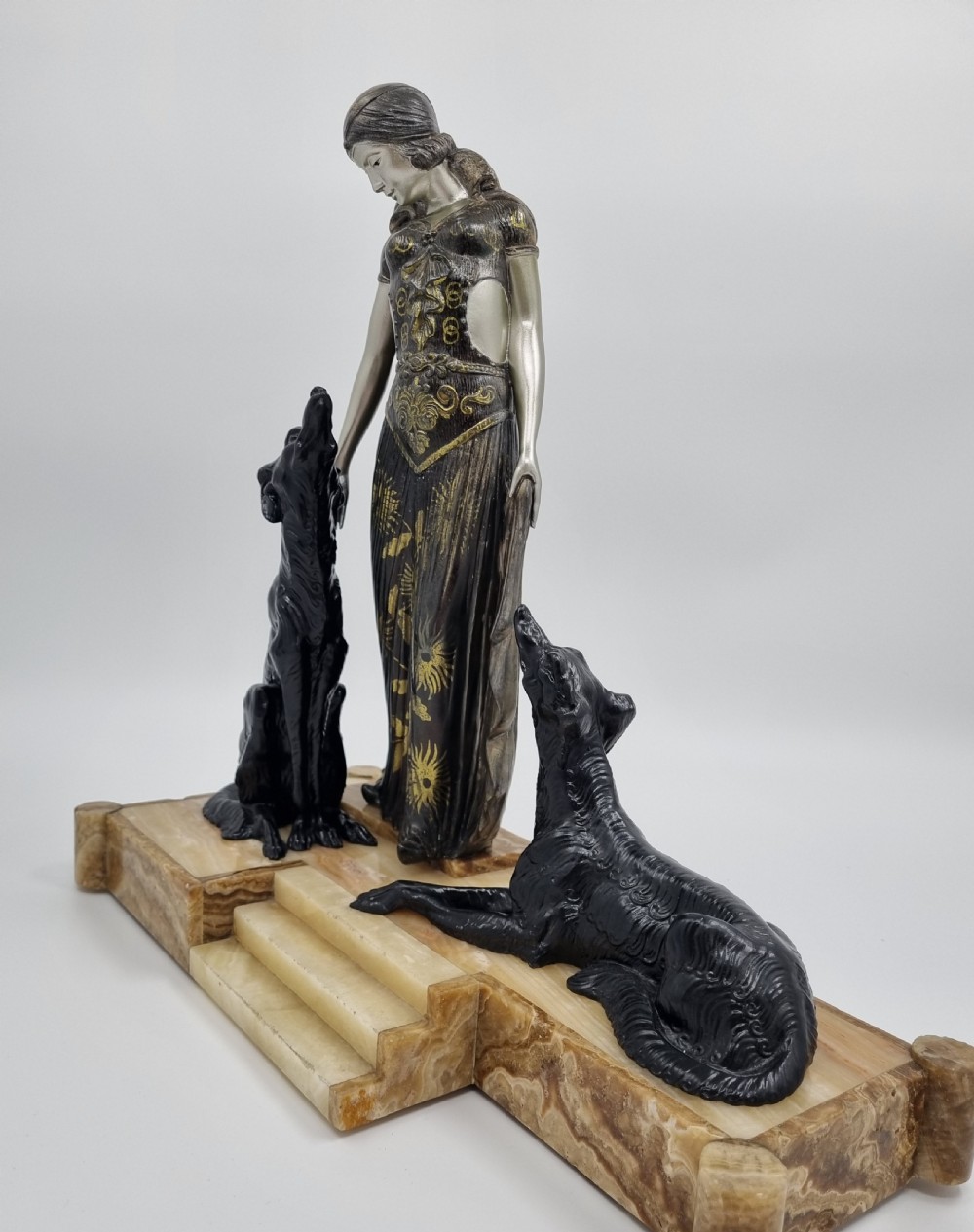 Art Deco Sculpture Lady and Borzoi by Van de Voorde  View IV