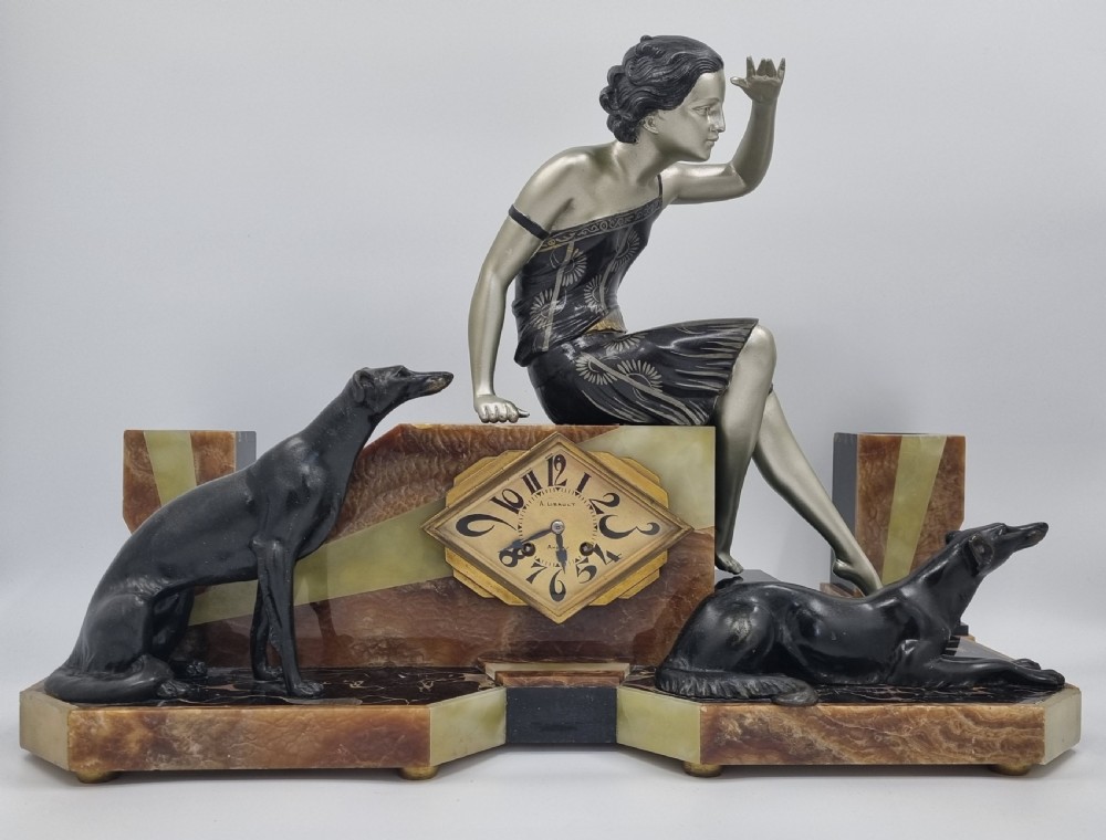 Art Deco Clock Lady and Greyhounds by Uriano 