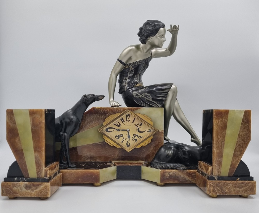Art Deco Clock Lady and Greyhounds by Uriano  View II