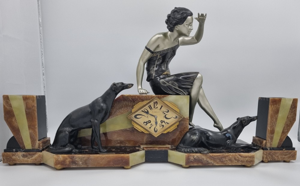Art Deco Clock Lady and Greyhounds by Uriano  View III