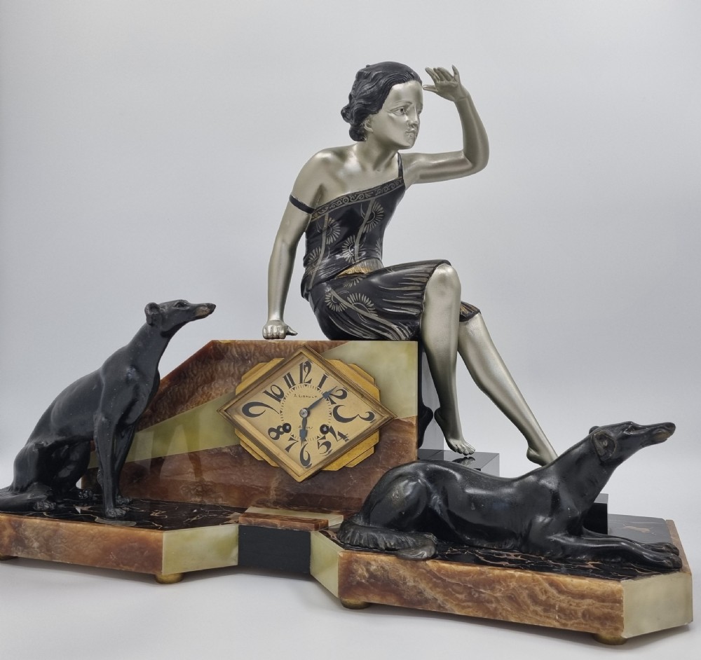 Art Deco Clock Lady and Greyhounds by Uriano  View IV