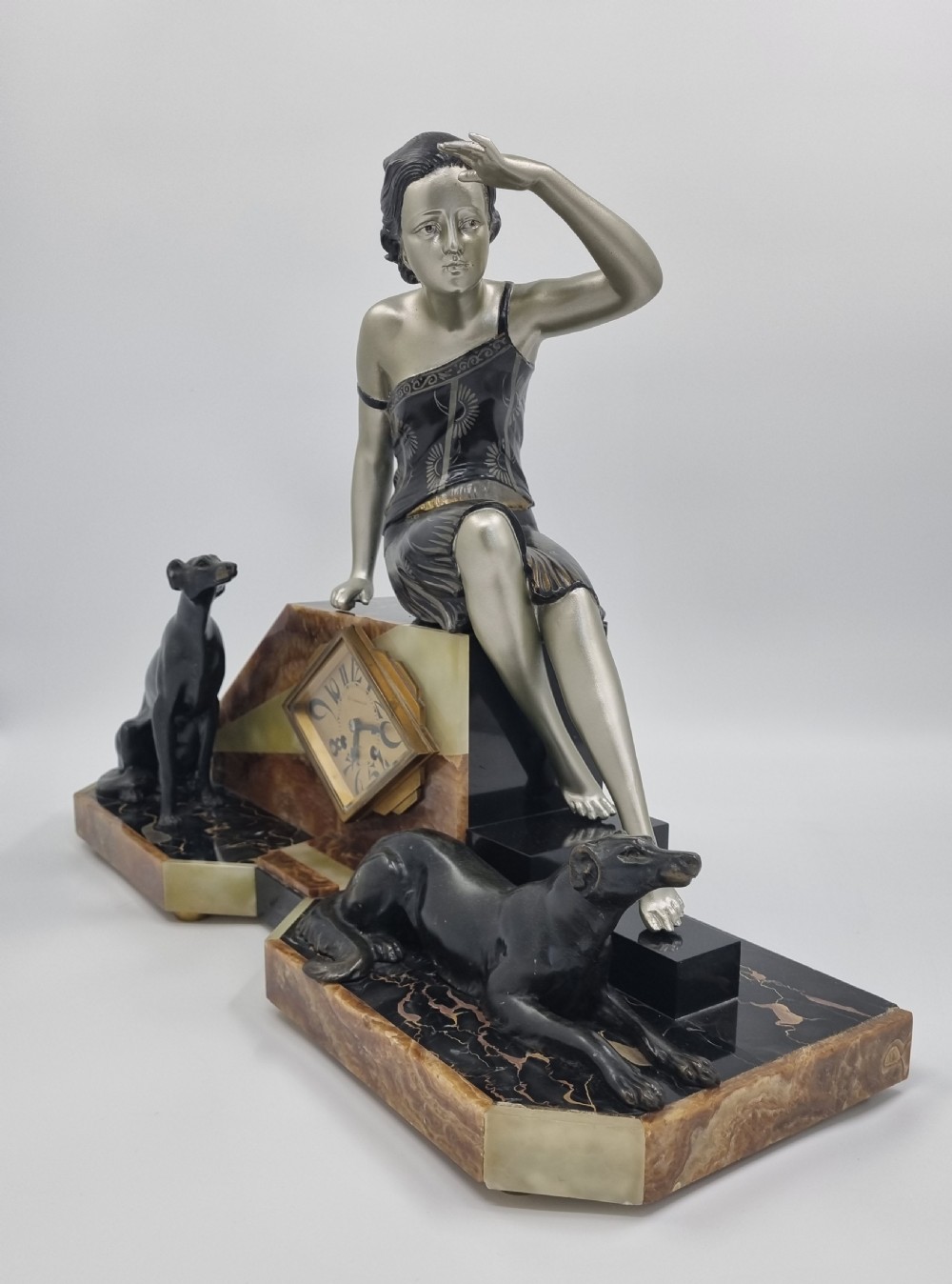 Art Deco Clock Lady and Greyhounds by Uriano  View V