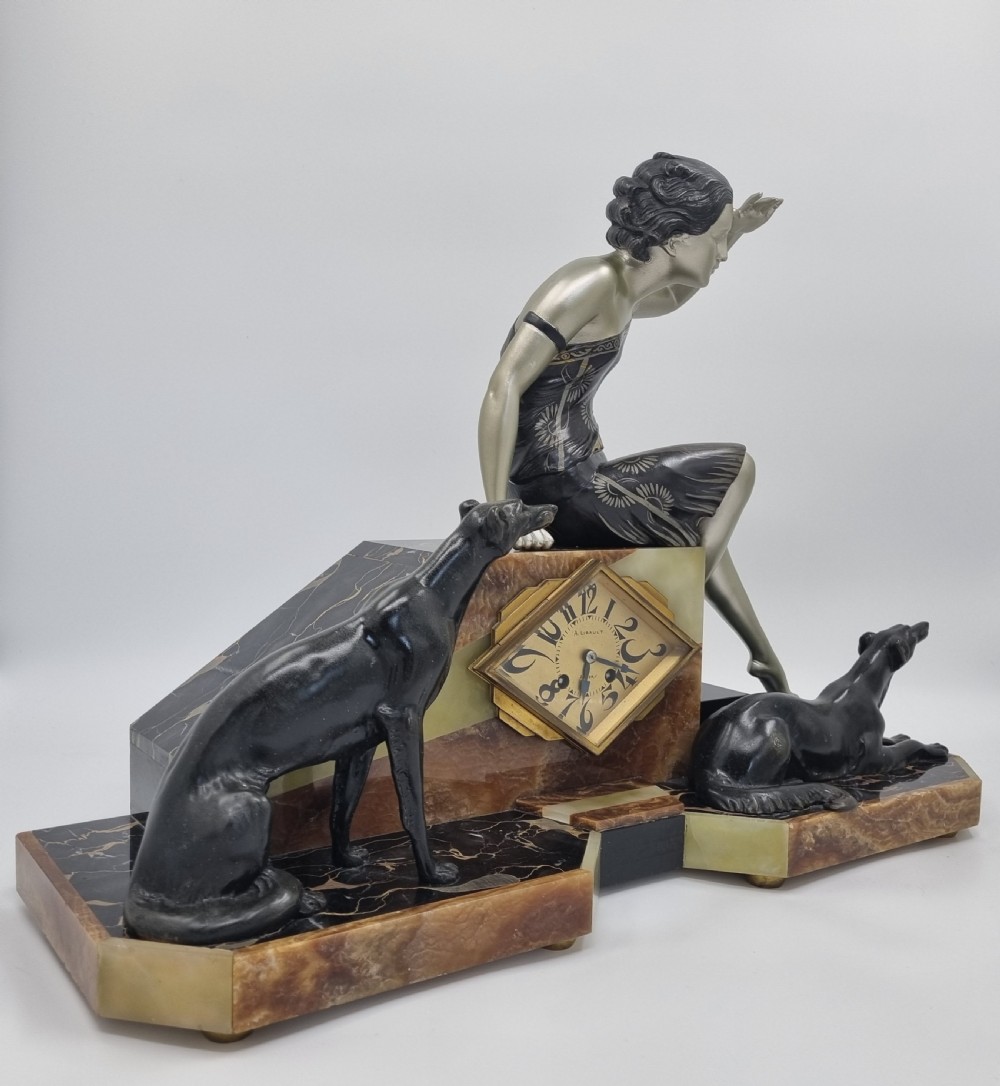 Art Deco Clock Lady and Greyhounds by Uriano  View VI