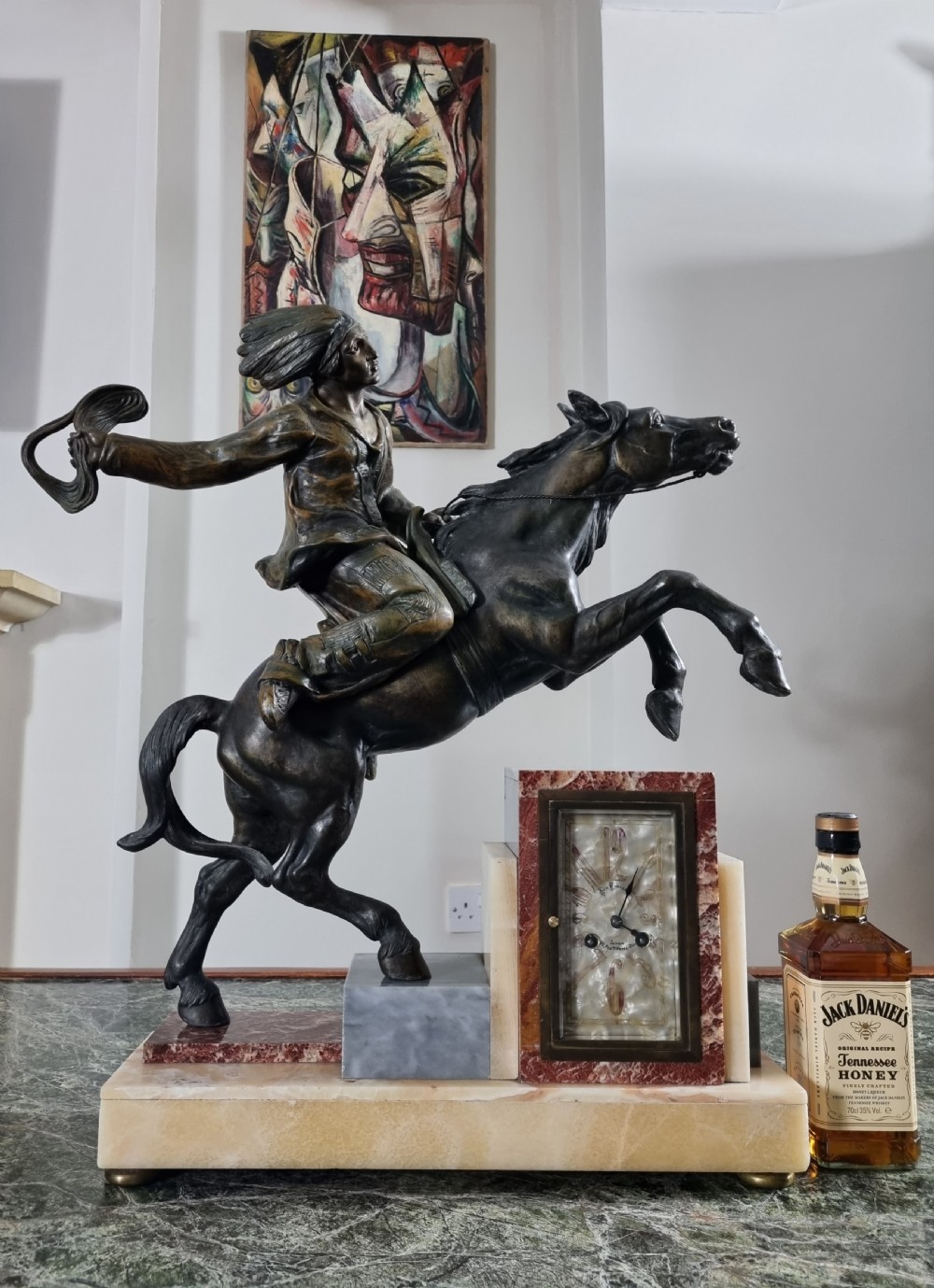 Art Deco Clock with Native American Indian on Horseback  View II
