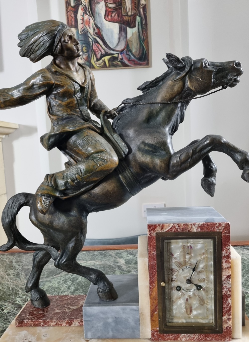 Art Deco Clock with Native American Indian on Horseback  View III