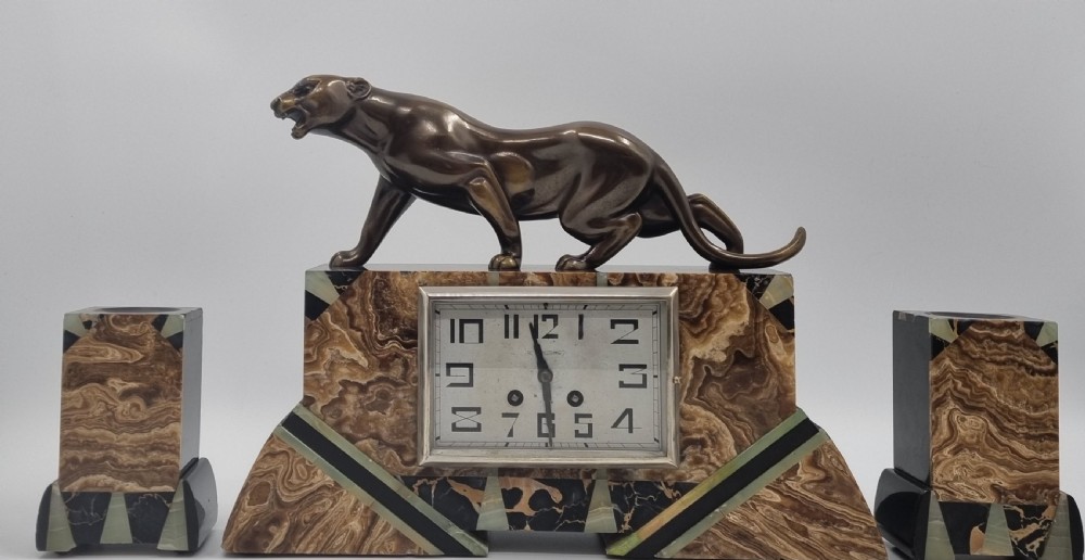 Art Deco Clock Figural Clock Set with Bronze Panther 