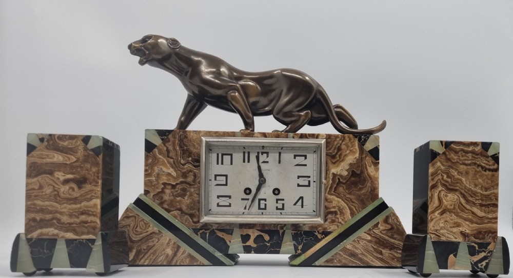 Art Deco Clock Figural Clock Set with Bronze Panther  View II