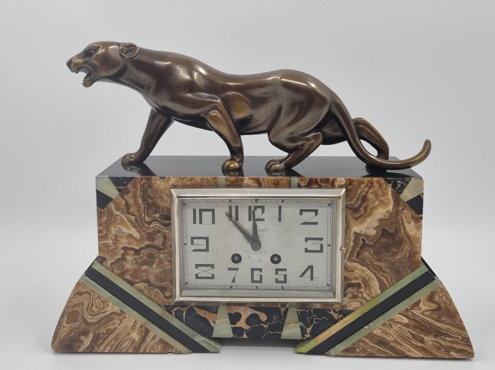 Art Deco Clock Figural Clock Set with Bronze Panther  View III