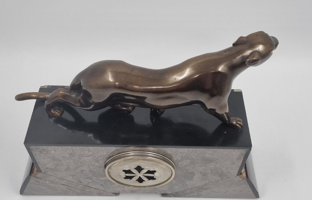 Art Deco Clock Figural Clock Set with Bronze Panther  View V