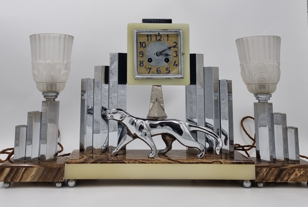 Art Deco Clock Set with Bronze Panther by Decoux  View III