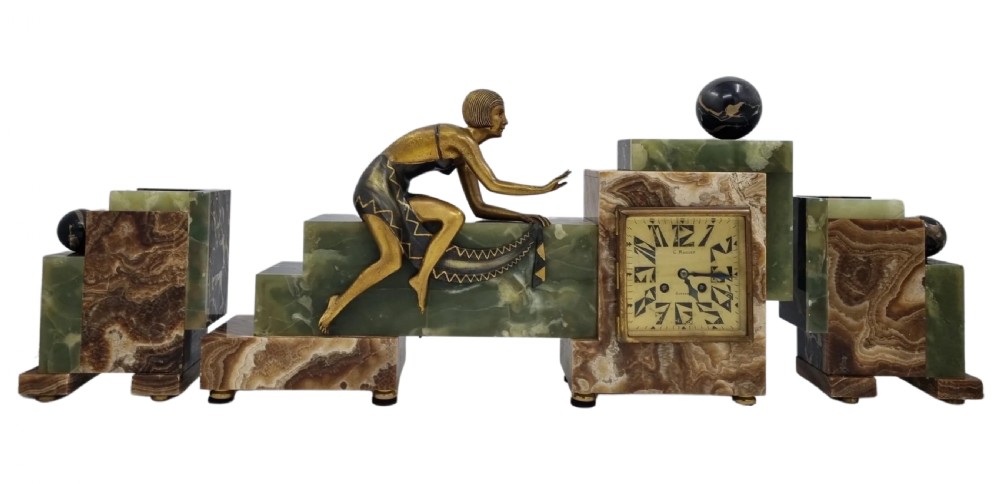 Art deco Cubist Design Clock Set with Bronze Figure of a Lady