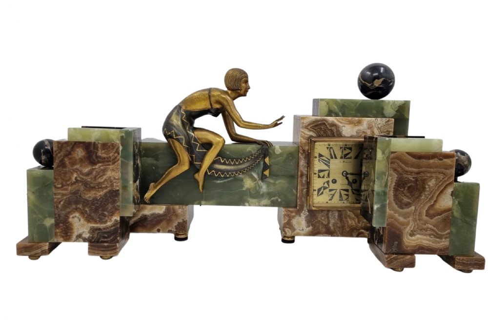 Art deco Cubist Design Clock Set with Bronze Figure of a Lady View II