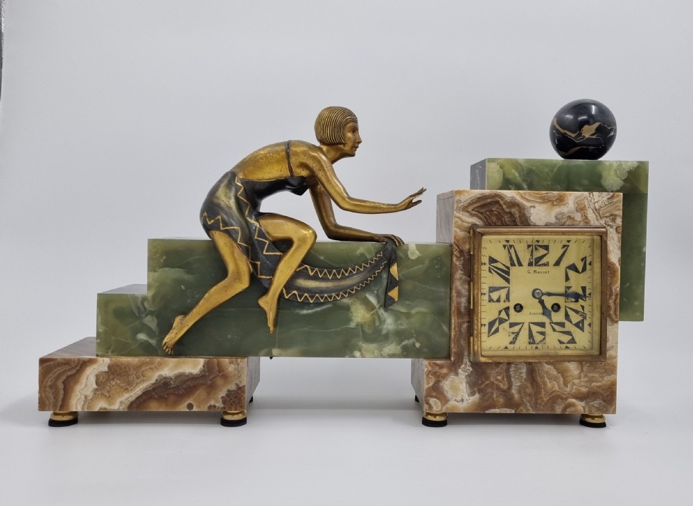 Art deco Cubist Design Clock Set with Bronze Figure of a Lady View III