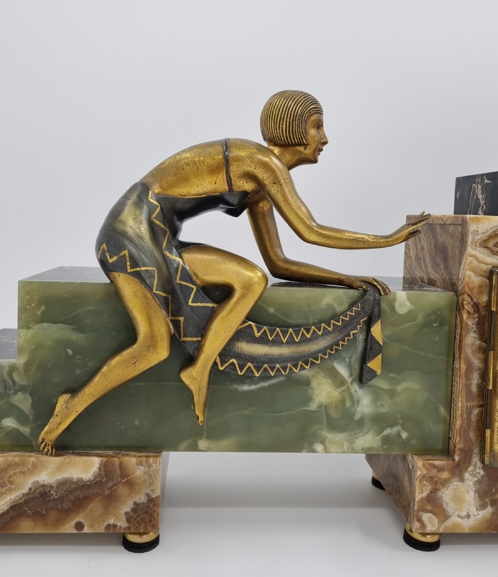 Art deco Cubist Design Clock Set with Bronze Figure of a Lady View IV