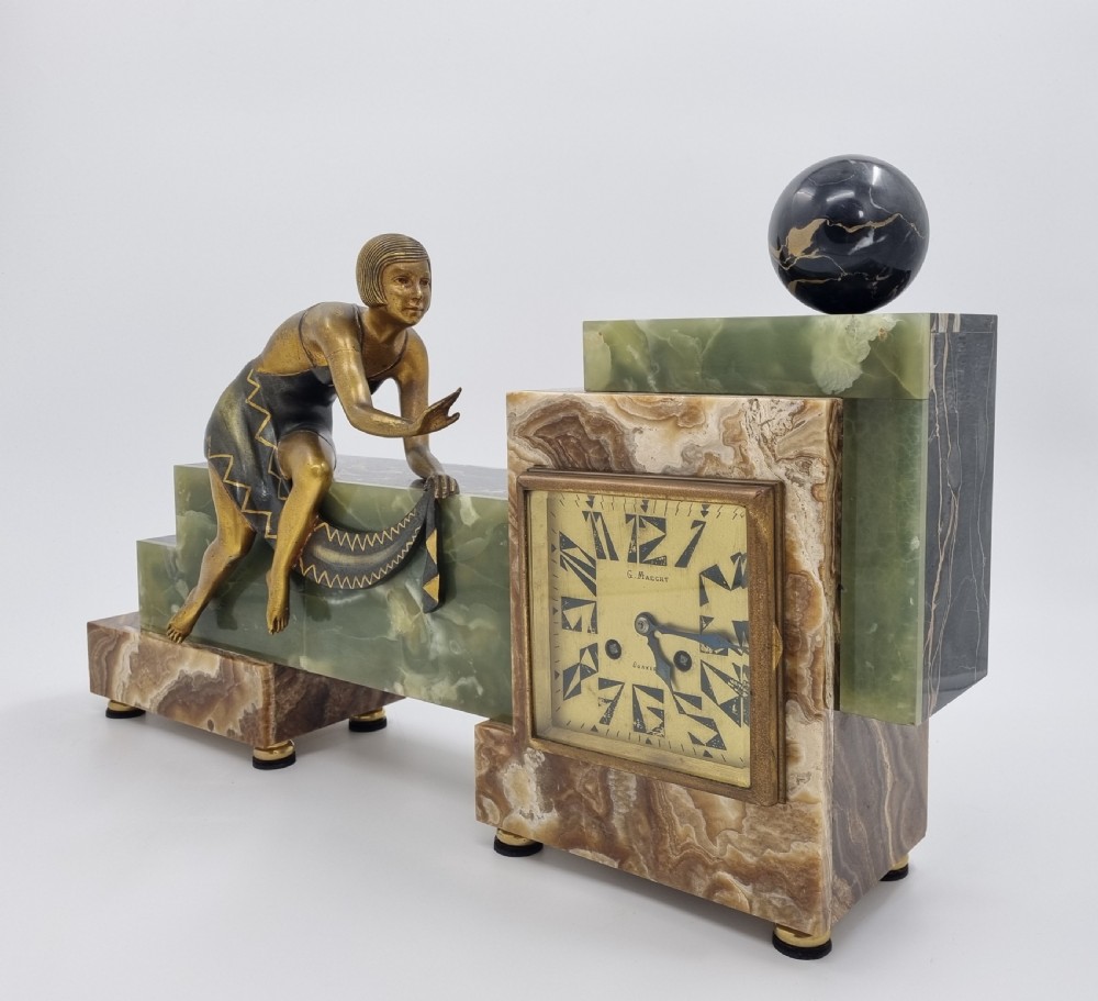 Art deco Cubist Design Clock Set with Bronze Figure of a Lady View V