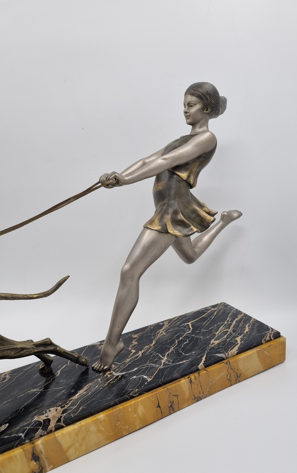 Art Deco Sculpture Young Girl Running with Greyhounds signed Geo Maxim View X