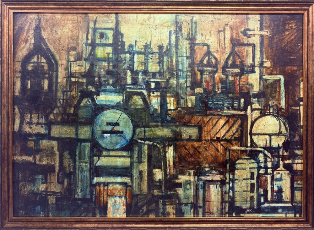 A framed mid-century oil painting on board depicting a complex industrial factory scene with pipes, dials, and geometric structures in shades of brown, ochre, and blue.