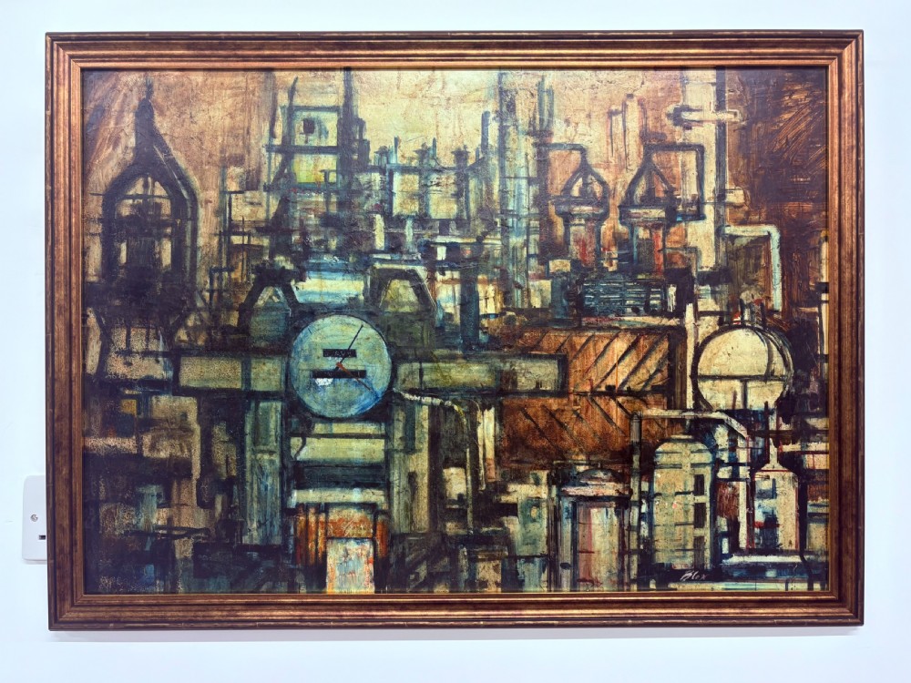 A framed mid-century oil painting on board depicting a complex industrial factory scene with pipes, dials, and geometric structures in shades of brown, ochre, and blue. View II