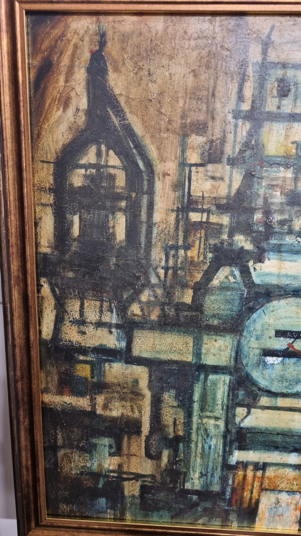 A framed mid-century oil painting on board depicting a complex industrial factory scene with pipes, dials, and geometric structures in shades of brown, ochre, and blue. View IV