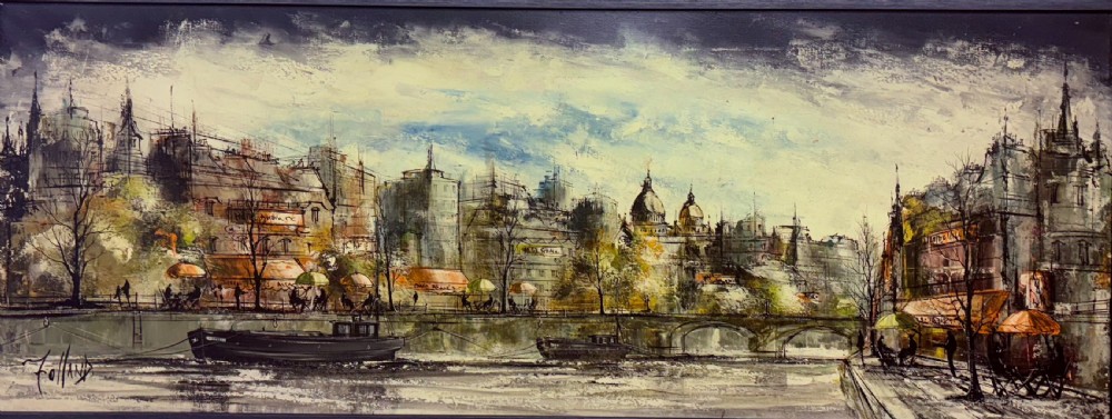 A panoramic oil painting depicting a Parisian cityscape along the River Seine with architectural buildings and street cafes, framed in a dark grey wooden moulding. View II