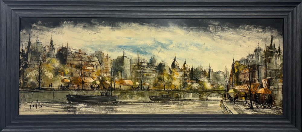 A panoramic oil painting depicting a Parisian cityscape along the River Seine with architectural buildings and street cafes, framed in a dark grey wooden moulding.