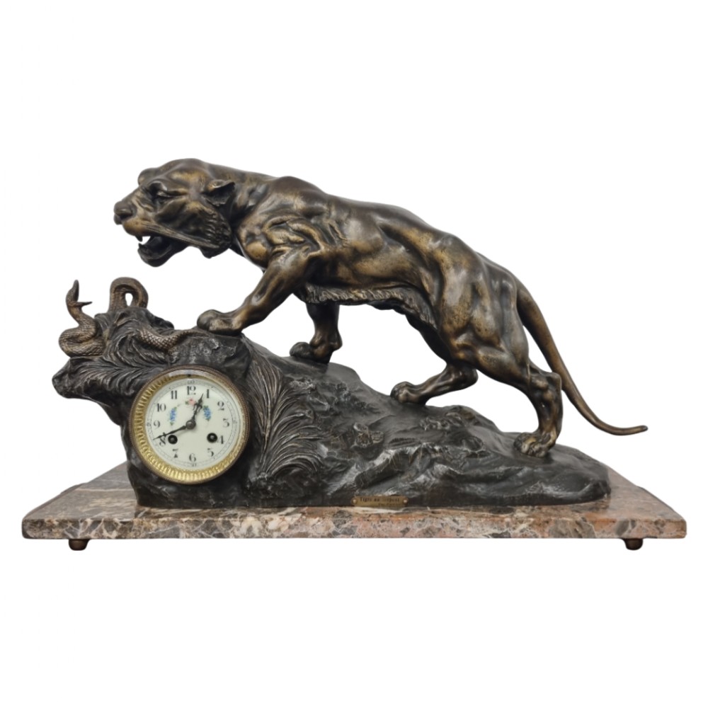 Large Mantel Clock with Tiger and Serpent by R Varnier, Circa 1900 