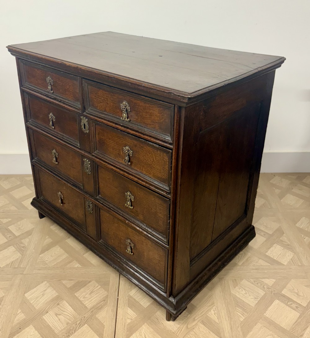 A late 17th-century dark oak chest of drawers featuring geometric moulded panel drawer fronts and decorative brass drop handles. View III