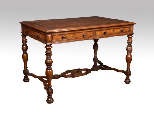 Gothick Revival Oak and Burr Oak Two Draw Writing Table