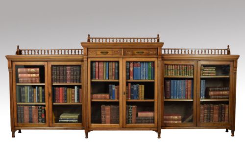 Large Late 19th Century Walnut Dwarf Breakfront Bookcase