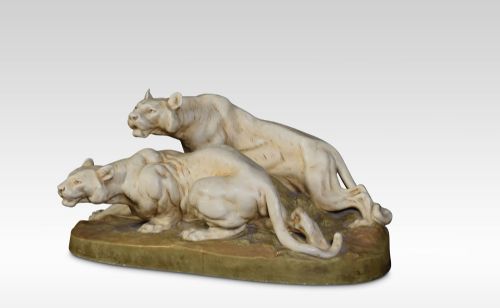 Large Royal Dux Figure of Two Lionesses