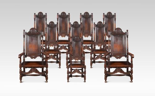Set of Ten William and Mary Style High Back Dining Chairs