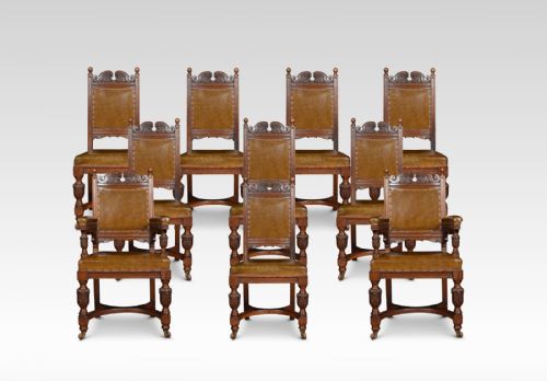 Set of Ten Carved Oak Dining Chairs