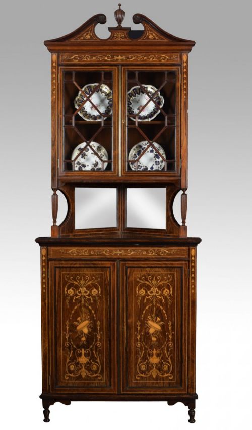 Edwardian Rosewood Inlaid Corner Display Cabinet