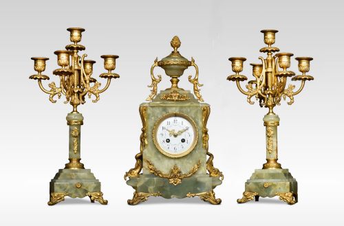 19th Century French Onyx and Gilt Metal Clock Set
