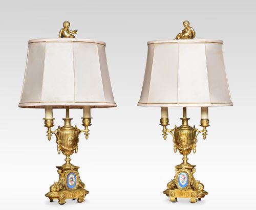 Pair of Gilded Metal and Porcelain Table Lamps