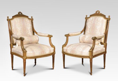 Pair of French Louis XVI Style Giltwood Armchairs