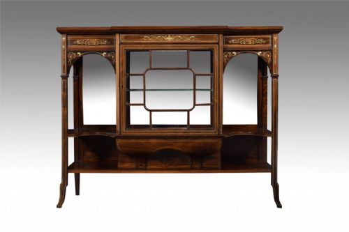 19th Century Rosewood Inlaid Breakfront Display Cabinet