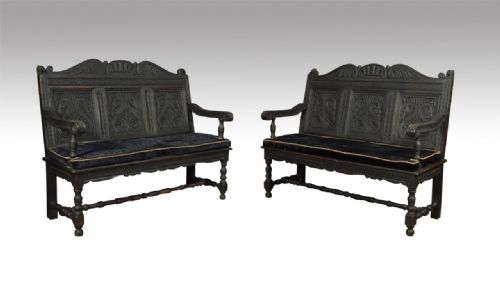 Pair Carved Ebonised Hall Benches