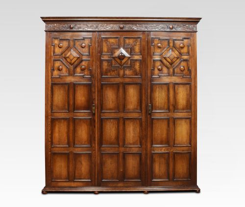 Jacobean Style Carved Oak Three Door Wardrobe