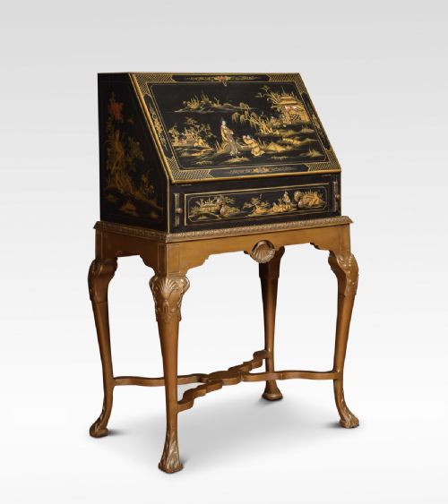 Black Lacquer Chinoiserie Decorated Bureau on Stand